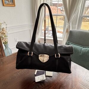 Prada Tessuto Easy Shoulder Bag Black Nylon Nappa Leather Trim Envelope Handbag